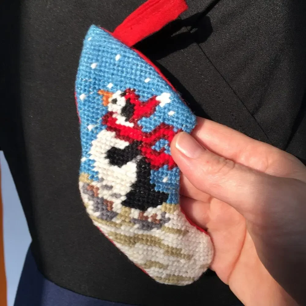 Vintage Mini Petit Point Needlepoint Christmas Penguin Stocking Ornament